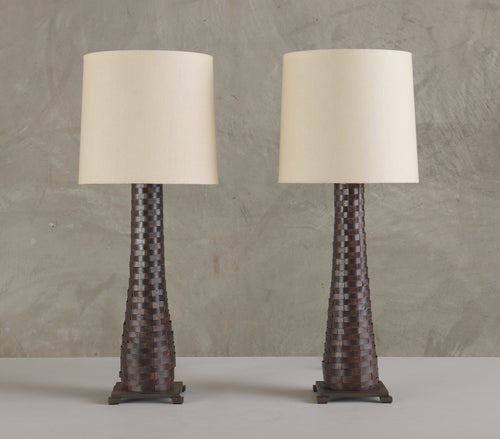 PAIR OF WOVEN STEEL TABLE LAMPS, 20TH C
